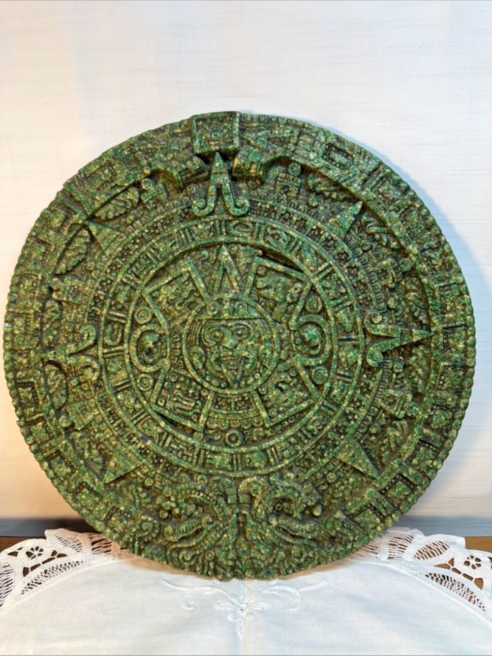 VTG Aztec Mayan Calendar Sun Stone Crushed Malachite Green 13” Round Wall Mount
